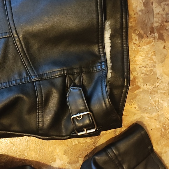 Women's Black Faux Leather Jacket with Gray Hoodie - Picture 3 of 10